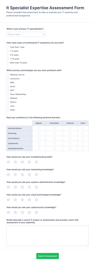 IT Specialist Expertise Assessment Form Template