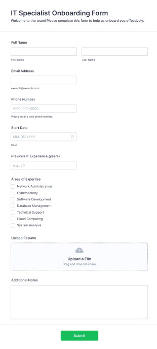 IT Specialist Onboarding Form Template