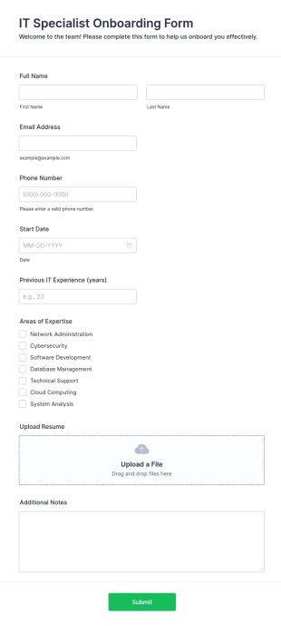 IT Specialist Onboarding Form Template