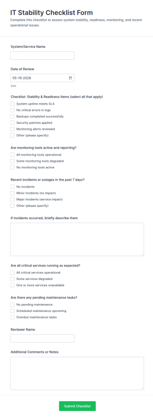 IT Stability Checklist Form Template