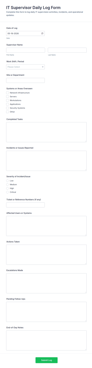 IT Supervisor Daily Log Form Template