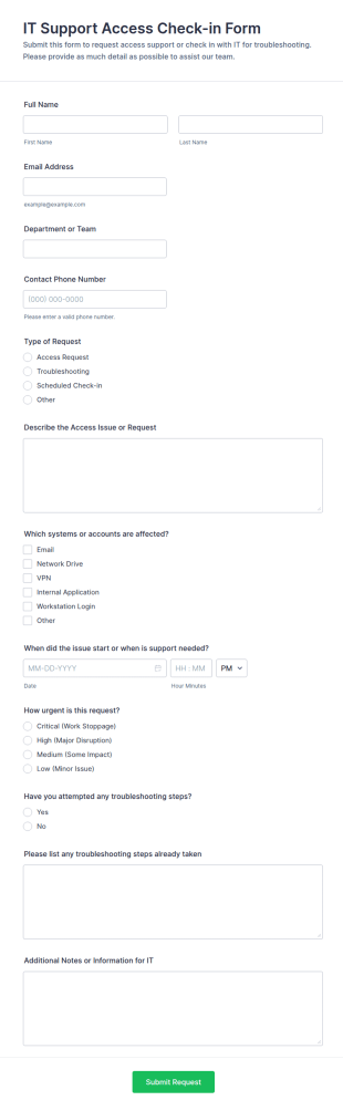 IT Support Access Check In Form Template