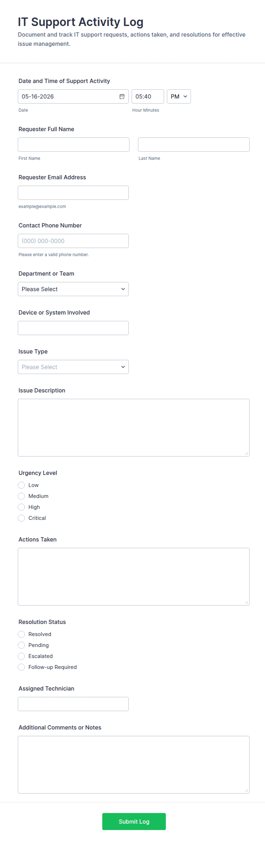 Computer Activity Log Example IT Support Activity Log Form Template | Jotform