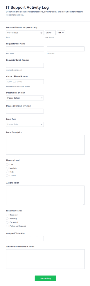 IT Support Activity Log Form Template