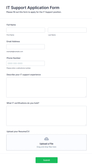 IT Support Application Form Form Template