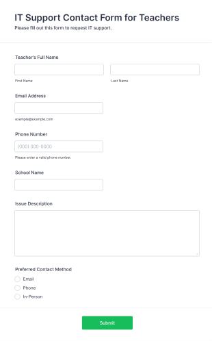 IT Support Contact Form For Teachers