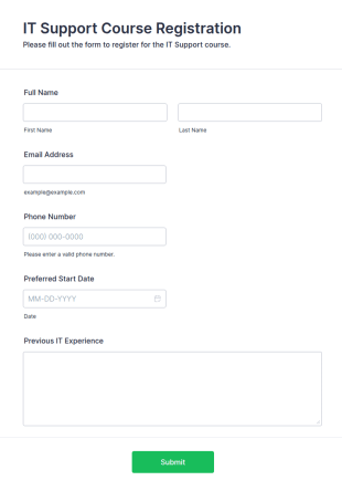 IT Support Course Registration Form Template