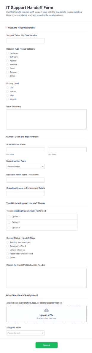 IT Support Handoff Form Template