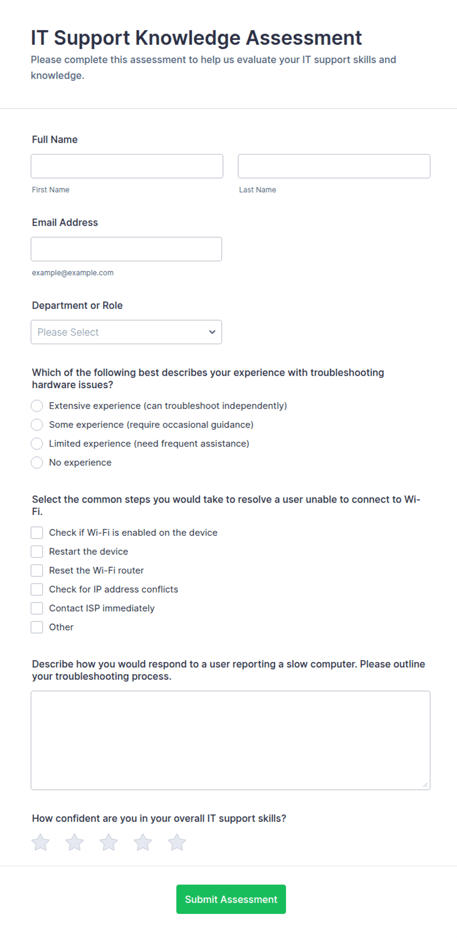 IT Support Knowledge Assessment Form Template | Jotform