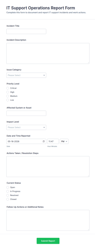 IT Support Operations Report Form Template