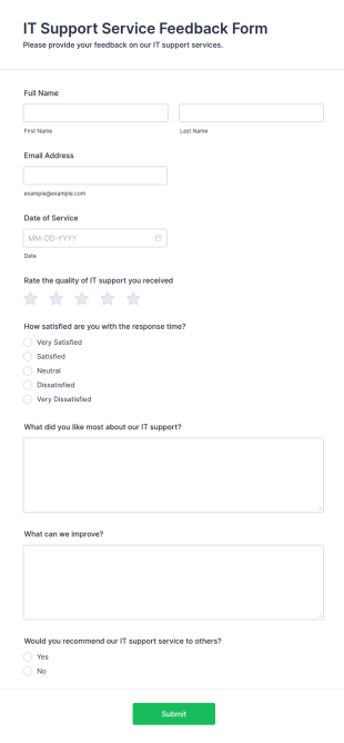 IT Support Service Feedback Form Template