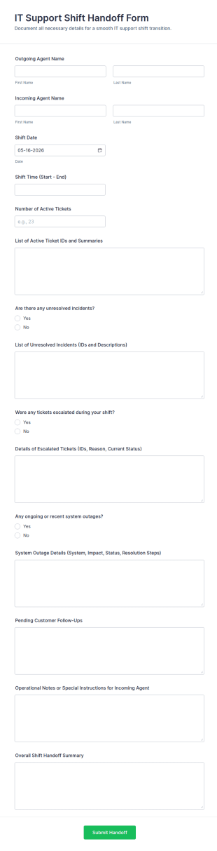 IT Support Shift Handoff Form Template