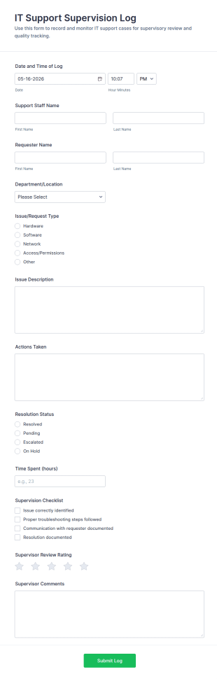 IT Support Supervision Log Form Template