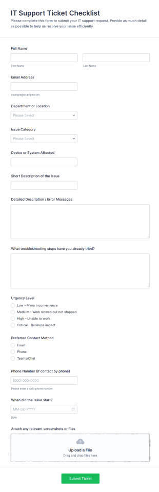 IT Support Ticket Checklist Form Template