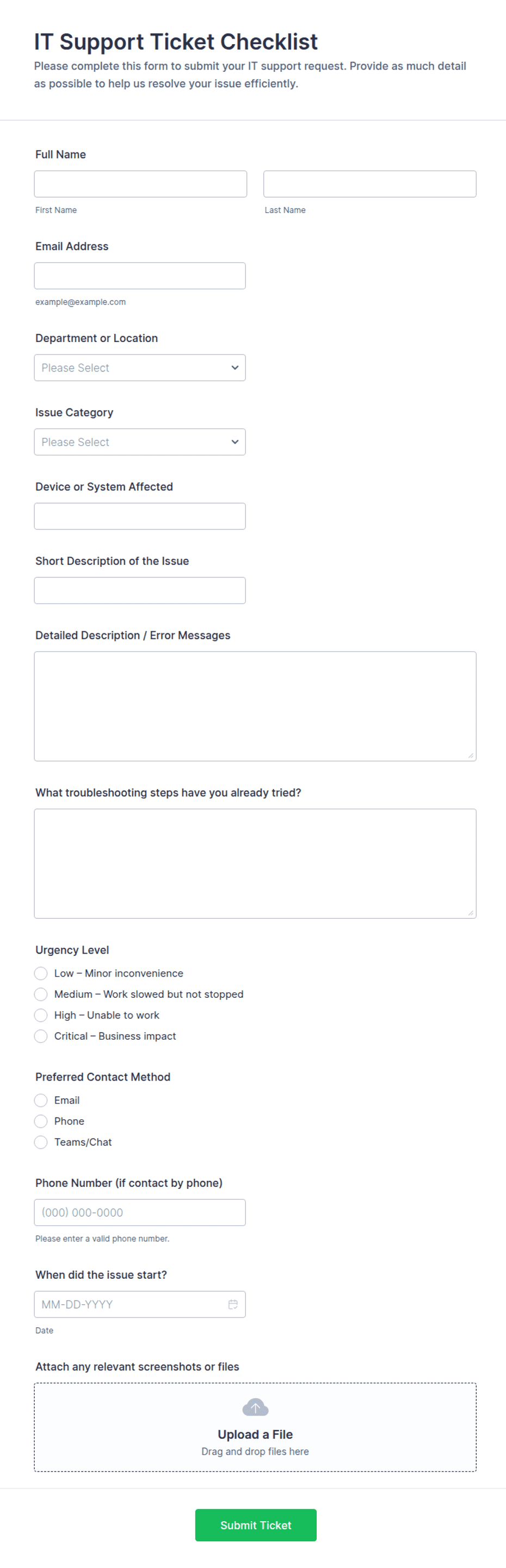 Technical Support Checklists IT Support Ticket Checklist Form Template | Jotform