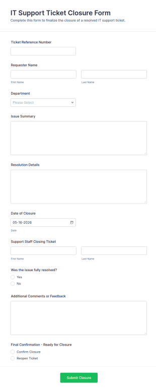 IT Support Ticket Closure Form Template