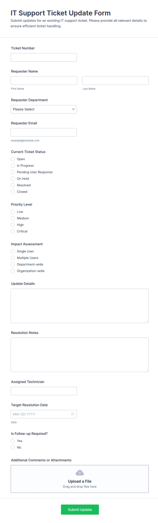 IT Support Ticket Update Form Template