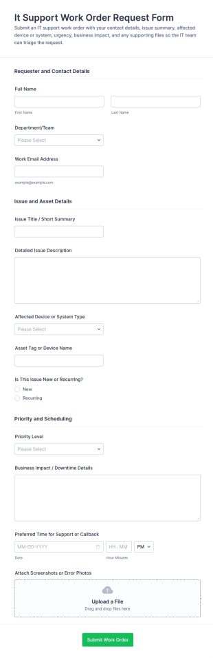 IT Support Work Order Request Form Template