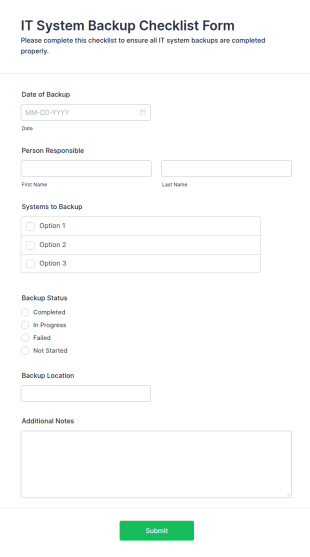 IT System Backup Checklist Form Template