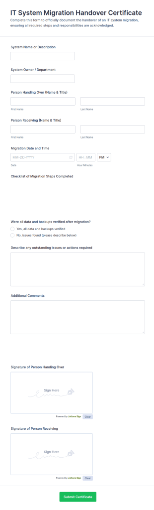IT System Migration Handover Certificate Form Template