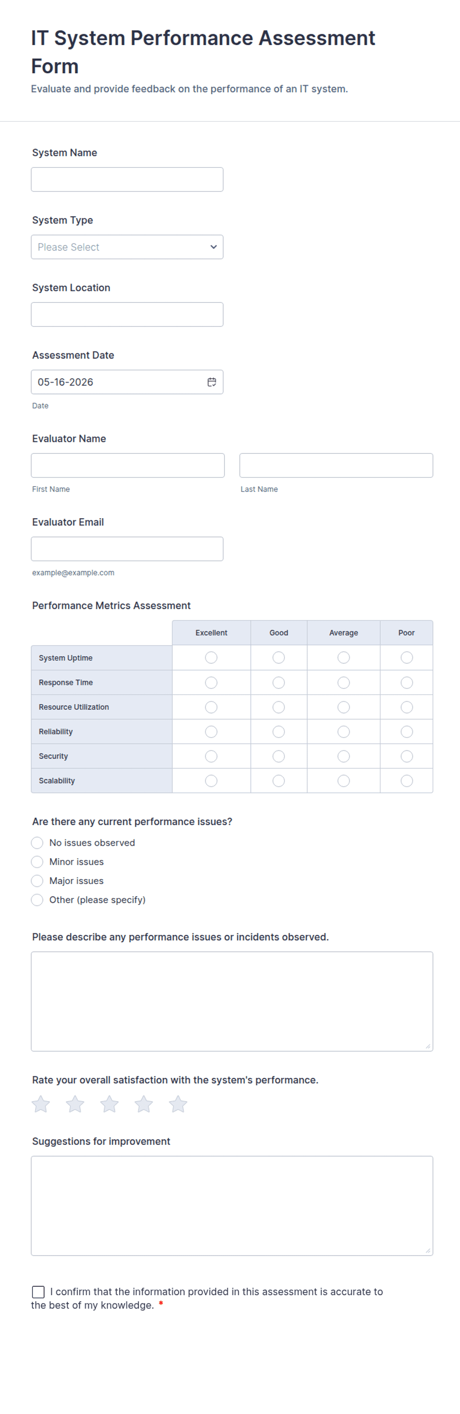 IT System Performance Assessment Form Template | Jotform
