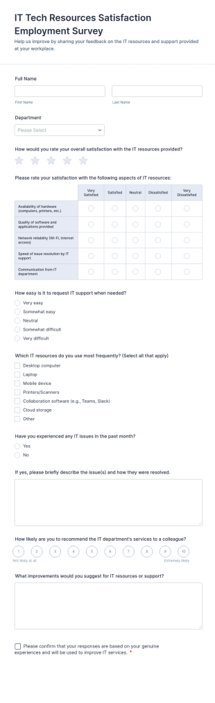 IT Tech Resources Satisfaction Employment Survey Form Template