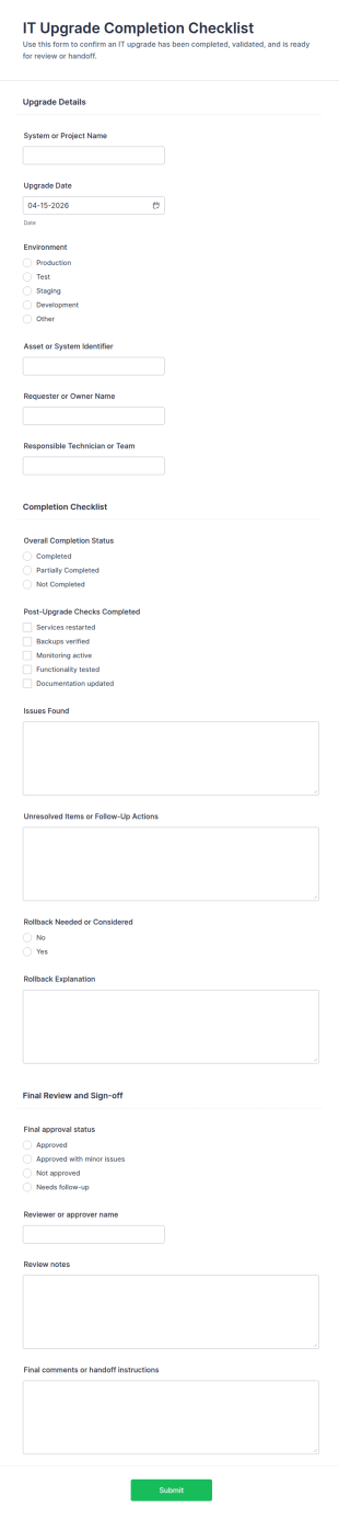 IT Upgrade Completion Checklist Form Template