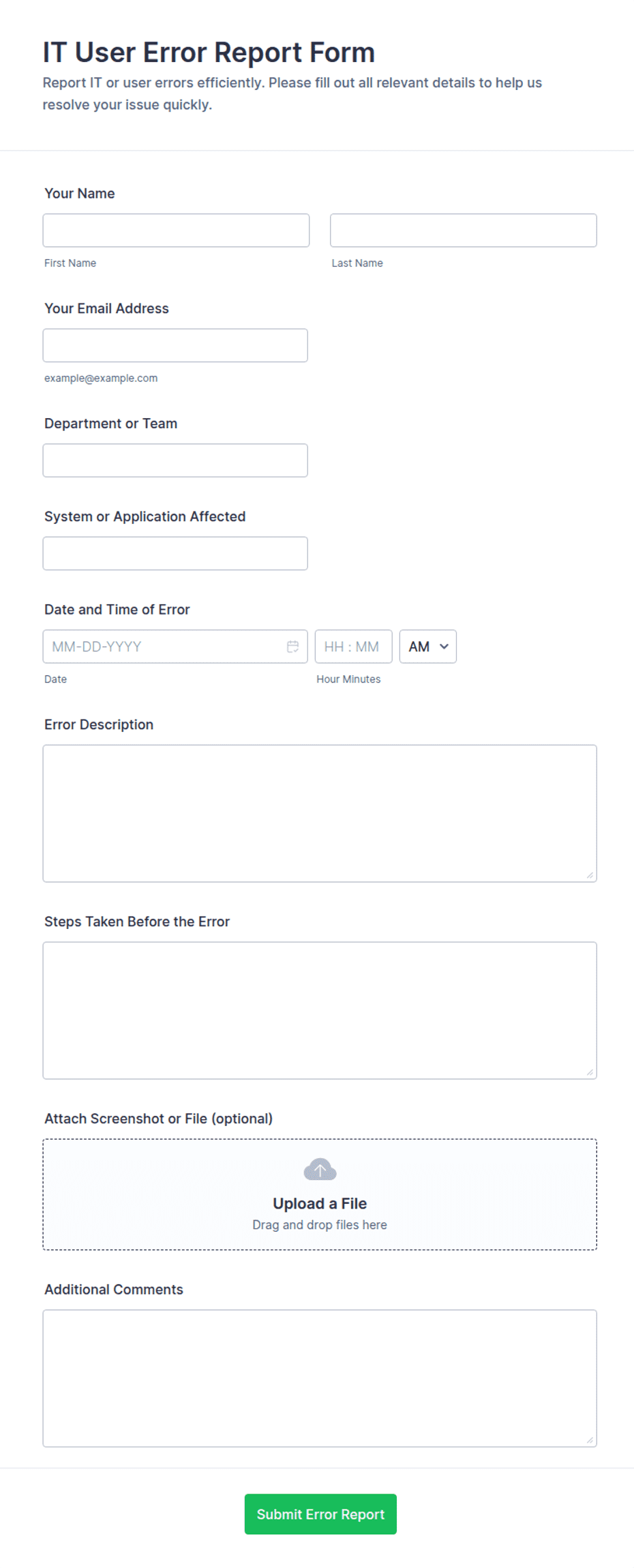 Mircrosoft Forms Report Examples IT User Error Report Form Template | Jotform