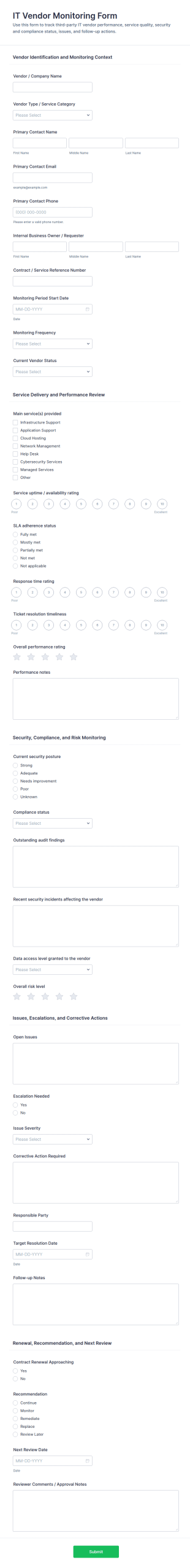 IT Vendor Monitoring Form Template