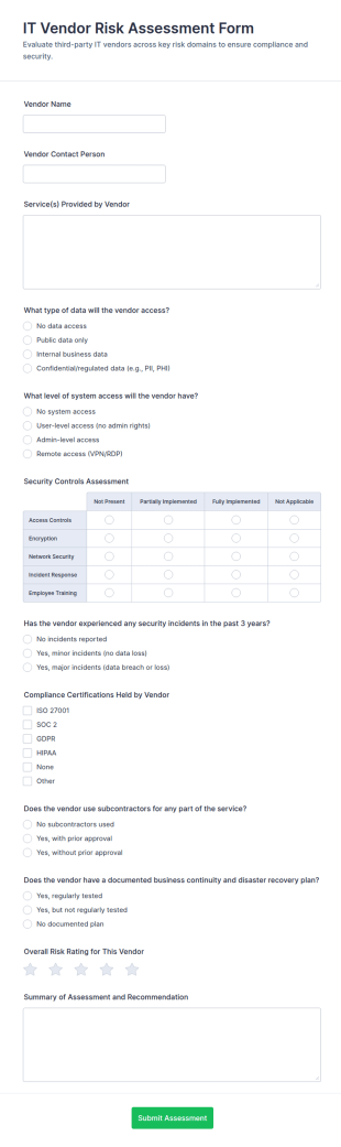 IT Vendor Risk Assessment Form Template