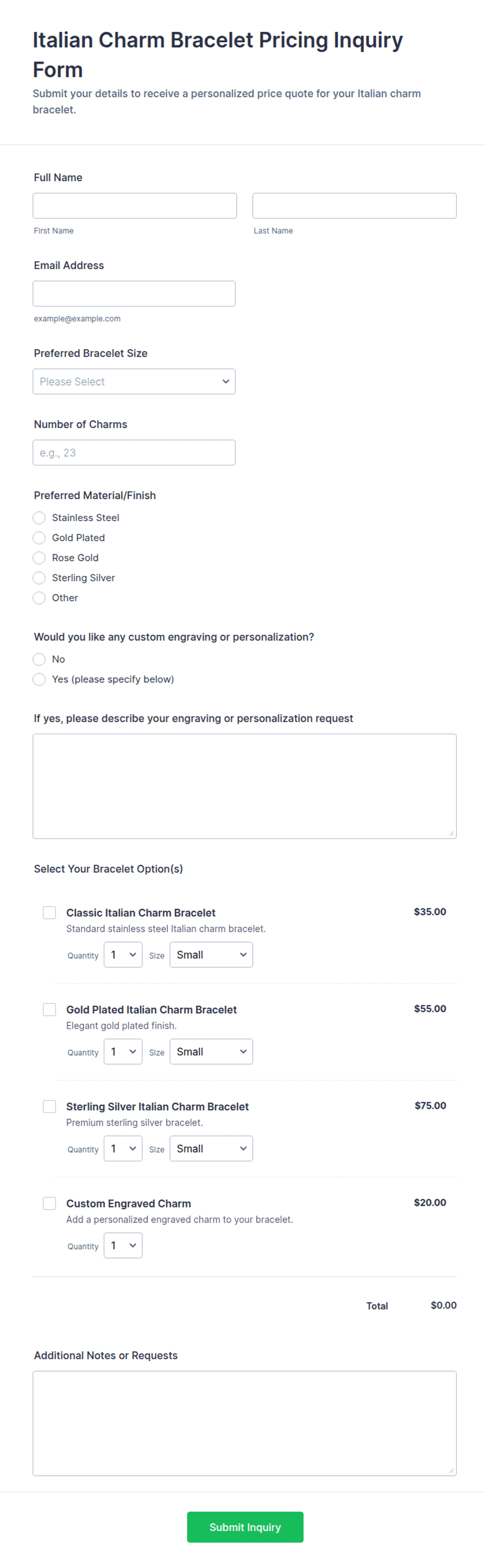 Italian Charm Bracelet Pricing Inquiry Form Template | Jotform