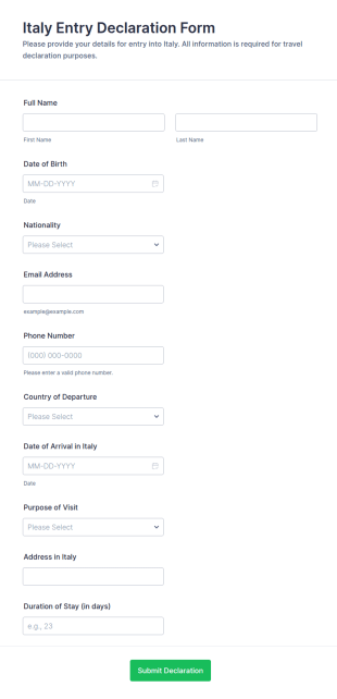 Italy Entry Declaration Form Template