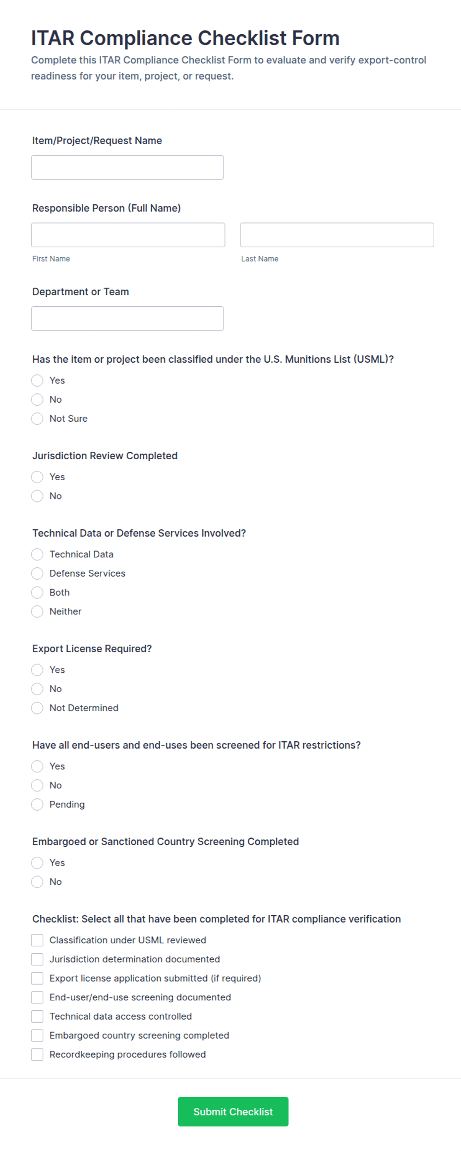 ITAR Compliance Checklist Form Template | Jotform