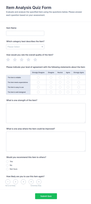 Item Analysis Quiz Form Template