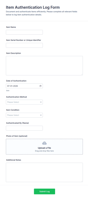 Item Authentication Log Form Template