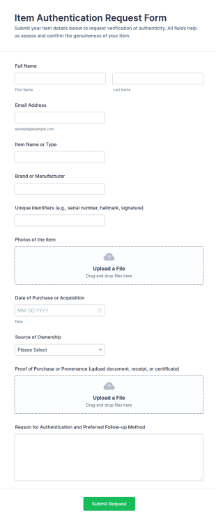 Item Authentication Request Form Template
