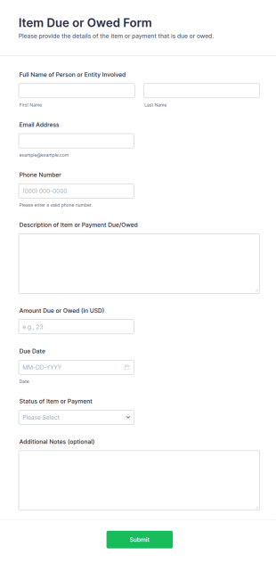Item Due Or Owed Form Template