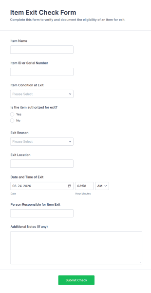 Item Exit Check Quiz Form Template