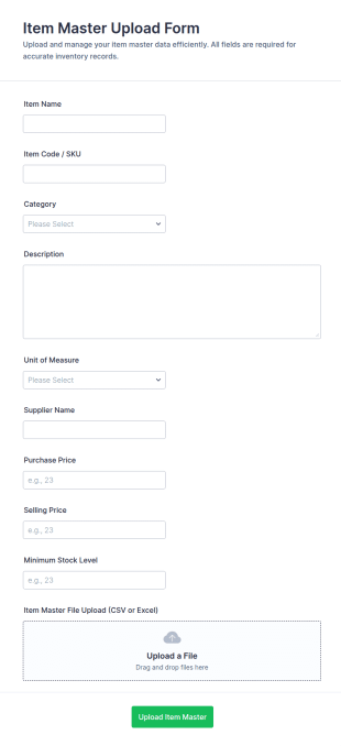 Item Master Upload Form Template