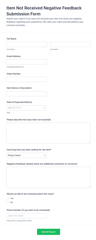 Item Not Received Negative Feedback Form Template