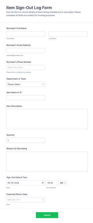 Item Sign Out Log Form Template