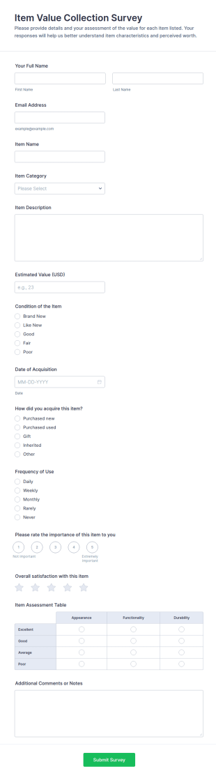 Item Value Collection Survey Form Template