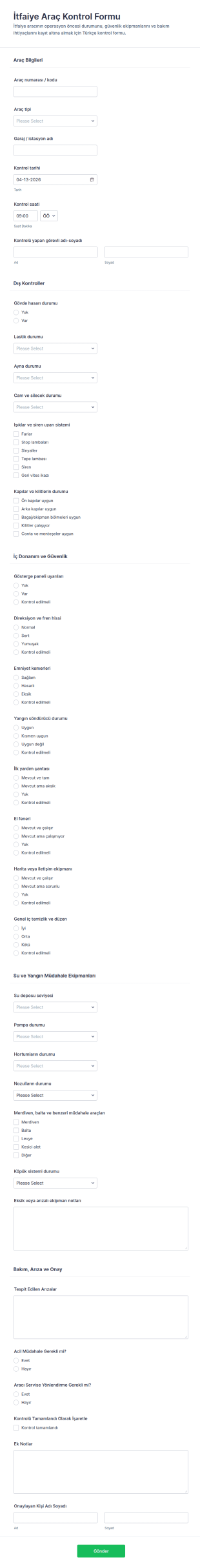 İtfaiye Aracı Kontrol Form Şablonu
