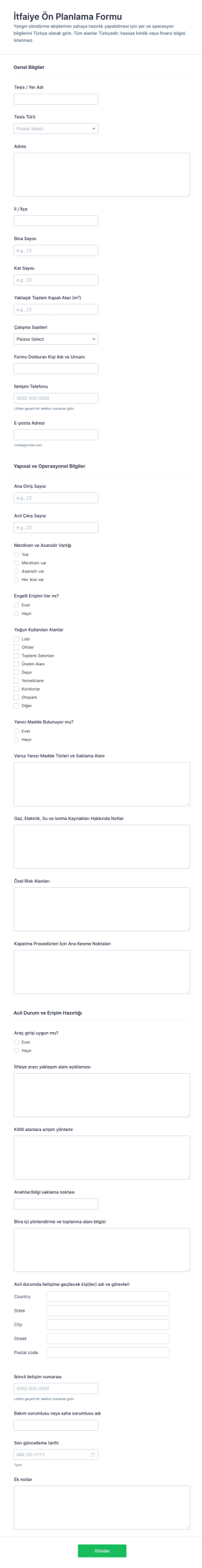 İtfaiye Ön Planlama Form Şablonu