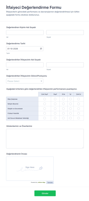 İtfaiyeci Değerlendirme Form Şablonu