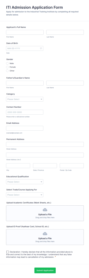 ITI Admission Application Form Template