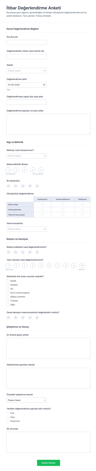 İtibar Değerlendirme Anketi Form Şablonu