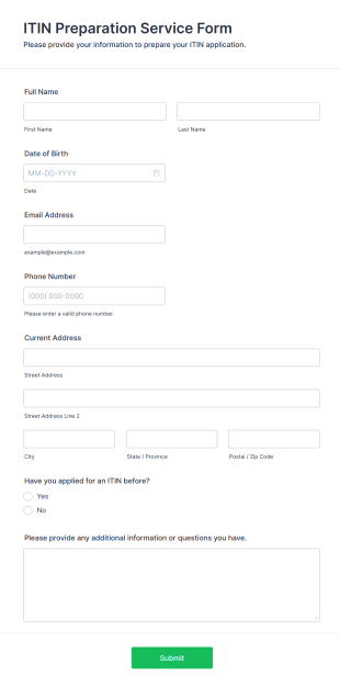 ITIN Preparation Service Form Form Template