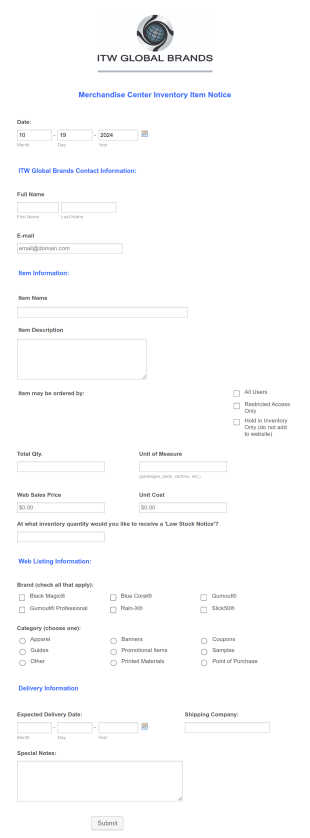 ITW Inventory Form Template