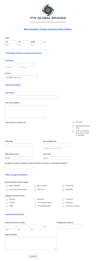 ITW Inventory Form Template